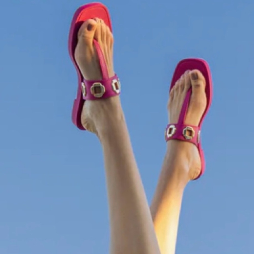 Larroude Red and Gold Sandals with Bold Embellishments Jelly Thong size 10